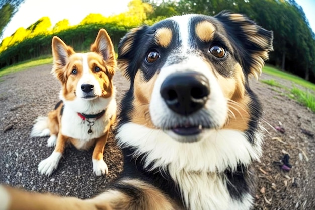 Two funny dogs sitting in front of camera taking selfie