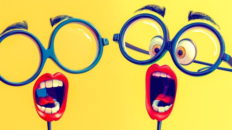 फोटो two funny faces with big glasses and open mouths are screaming on yellow background