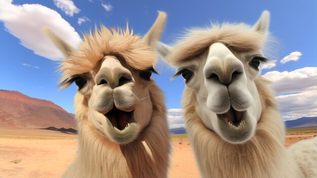 Two funny llamas in the desert