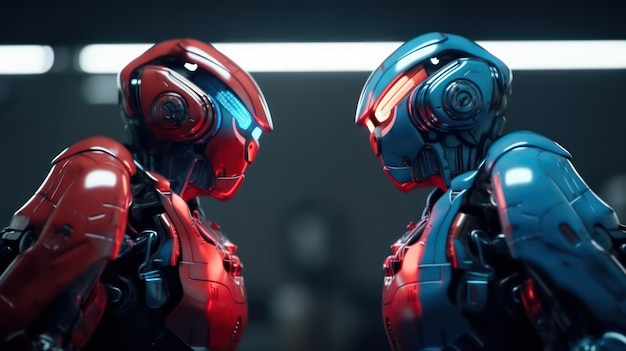 Two futuristic robots before match in blue and red color Generative AI