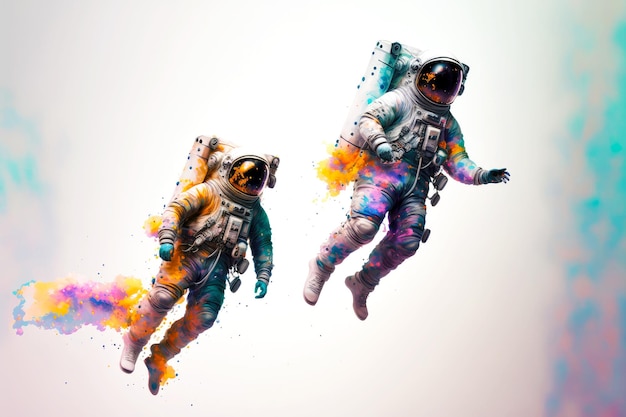Foto due esploratori di galassie che galleggiano astronauta su sfondo bianco