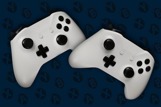 Two gaming gamepads in flight on a dark blue background with buttons for games