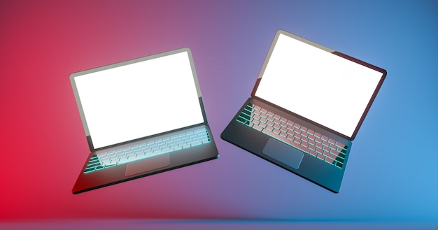 Two gaming laptop float with color led keyboard glow at blue and red background d render