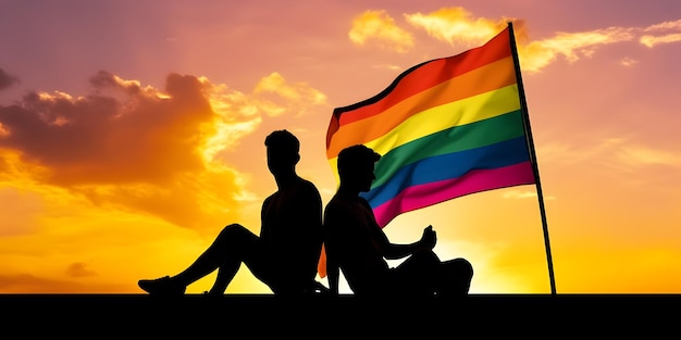 Two gay men with rainbow flag Concept of LGBT pride AI generated