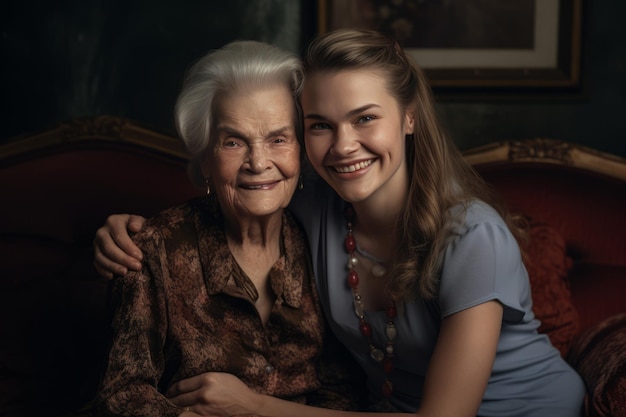 Two Generations Enjoying Each Other's Company on a Sofa Photorealistic and Vibrant Portraits