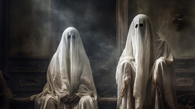 Two ghost people sit in front of a dark background with the words'ghost'on the cover.