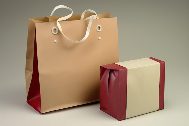 Two gift bags side by side one brown paper bag and one red and white gift bag Generative AI