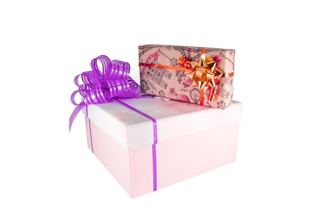 Two gift box with a bows isolated on white backghround Closeup photo of Christmas or birthday present