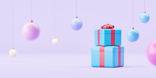Foto due regali si trovano l'uno sopra l'altro su uno sfondo rosa con decorazioni per l'albero di natale concetto di celebrazione del nuovo anno 2024 rendering 3d