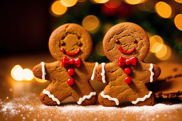 Two gingerbread men are standing together in front of a christmas tree.