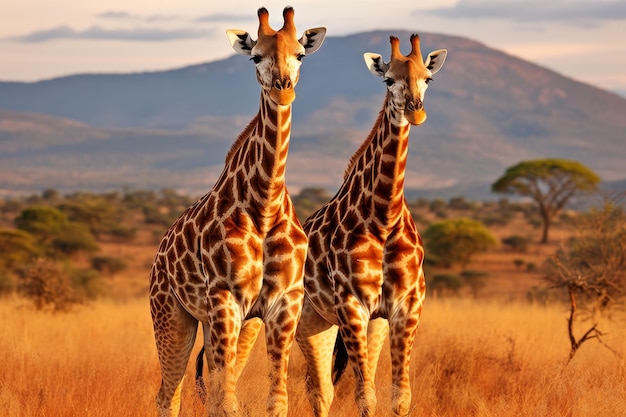 Два жирафа великолепно стоят на обширном и живописном ландшафте саванны
