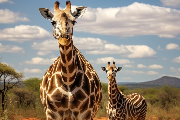 Two Giraffes in the Tsavo East National Park Kenya Giraffe and Plains zebra in Kruger National Park South Africa AI Generated