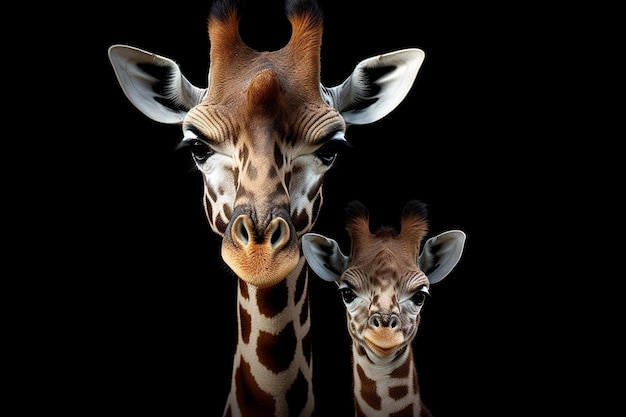 Photo two giraffes with their heads turned to the side