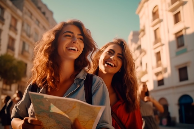 Two girl friends are traveling with a map in an old European city Summer Vacation AI Generated