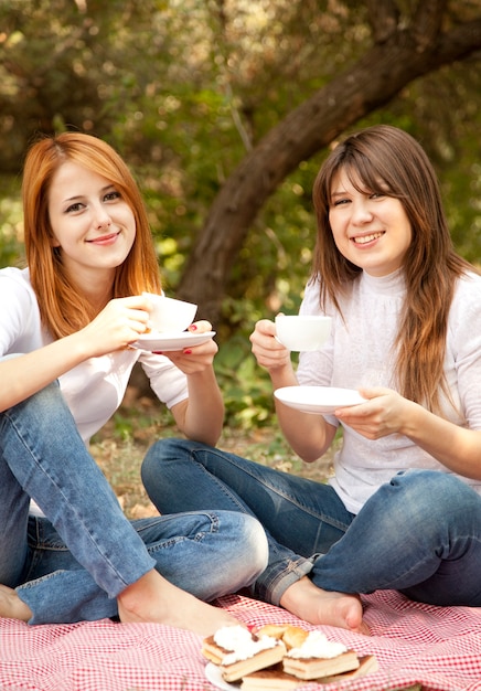ピクニックで二人の女の子。秋の屋外。