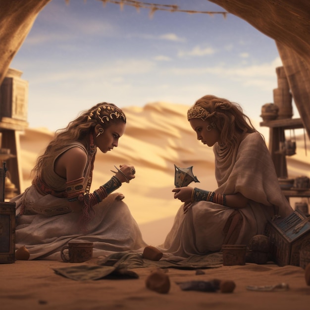 Две девушки работают в пустыне.