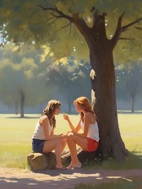 Two girlfriends are talking under a tree