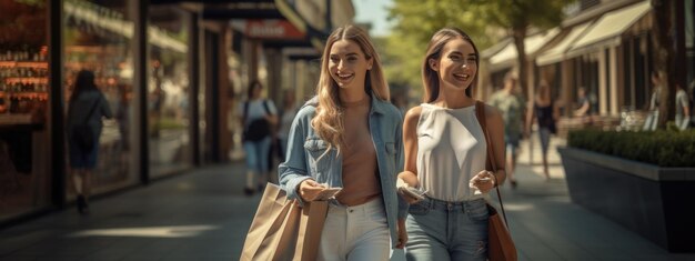 Two girlfriends is walking down the street with bags while shopping