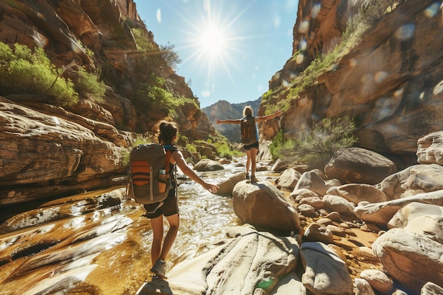 Foto due ragazze avventura nelle montagne rocciose attività all'aperto vacanze scolastiche avventura estate