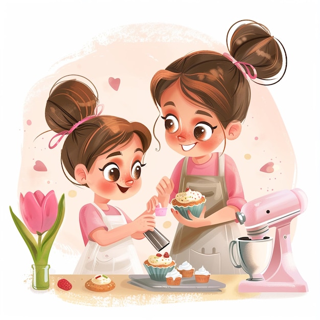 Photo two girls in an aprons with a pot of food and a pot of food