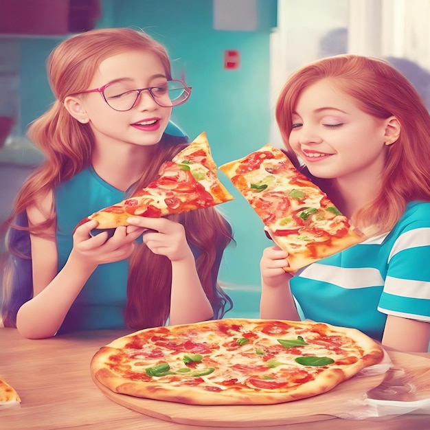 two girls are holding up pizzas with one that says quot the pizza is on the other quot