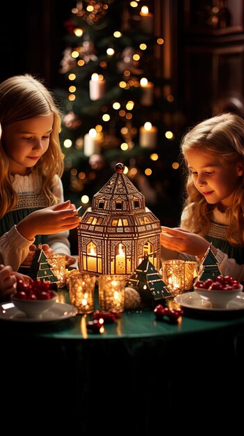 two girls are looking at a lantern that is lit up