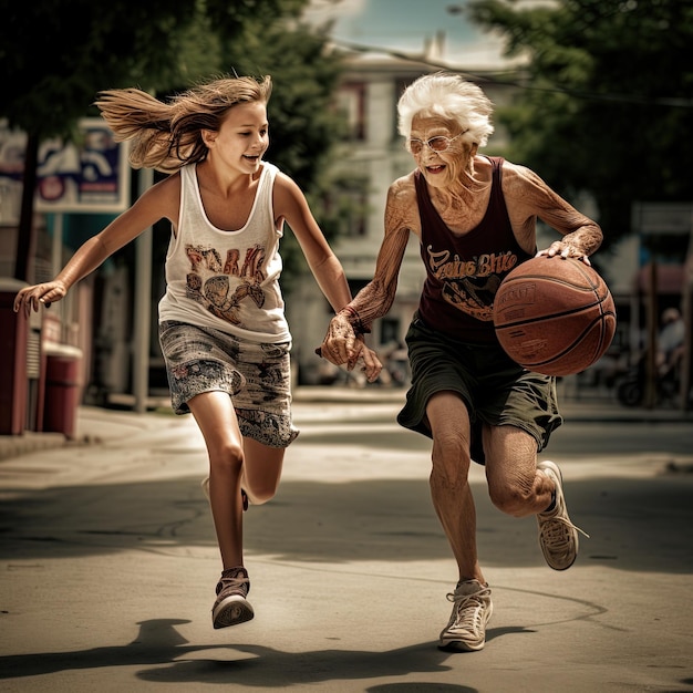 Photo two girls are playing basketball and one has the word  panas  on it