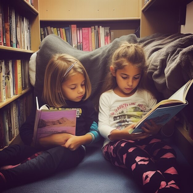 Photo two girls are reading books on a couch, one reading a book.