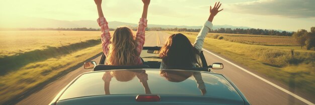 Photo two girls are riding in a convertible with their hands raised generative ai