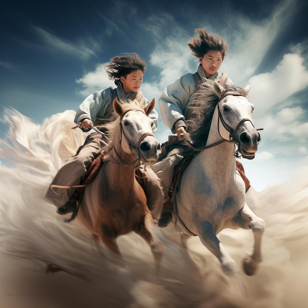 two girls are riding horses with the sky in the background.