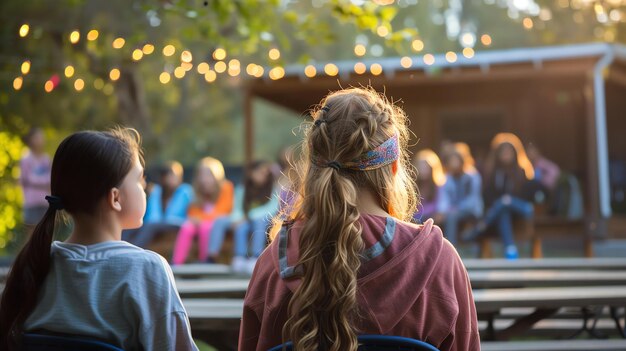 Foto due ragazze sono sedute su una panchina davanti a un palco le ragazze stanno guardando uno spettacolo il palco è illuminato da luci