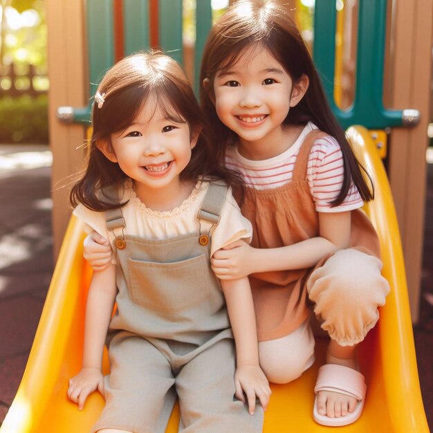 2人の女の子がスライドに乗っています