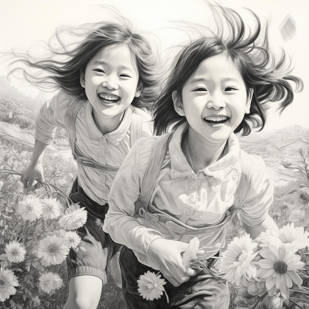 two girls are smiling and laughing in a field of flowers.