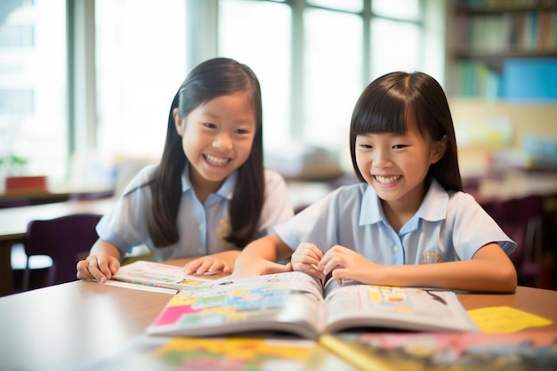 две девушки улыбаются и сидят за столом с книгами.