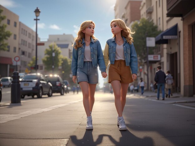 Two girls are walking together on the road