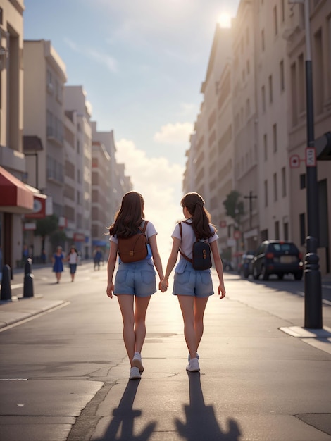 Photo two girls are walking together on the road