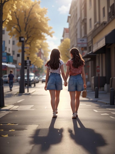 Foto due ragazze camminano insieme sulla strada.