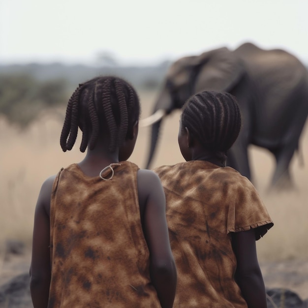 Two girls are watching an elephant in the wild.