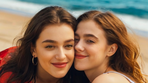 two girls on the beach one of which is wearing a red lipstick