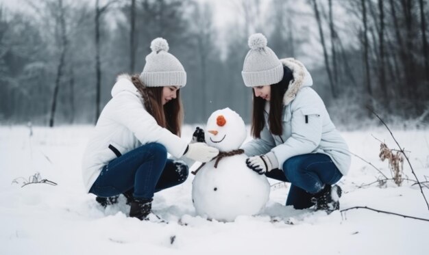 Две девочки зимой строят снеговика