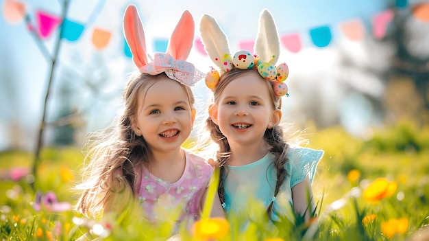 Foto due ragazze con orecchie da coniglio vanno a caccia di uova di pasqua in giardino