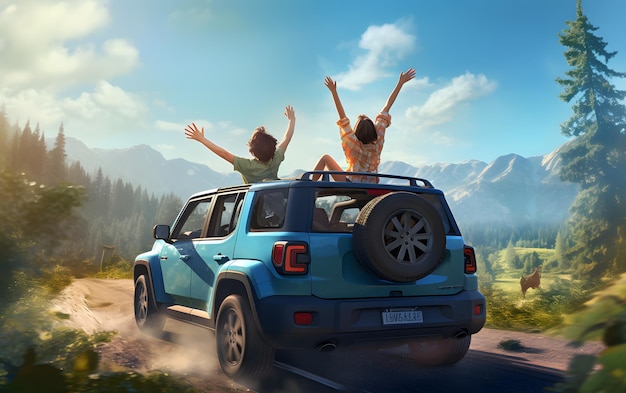 Two girls in a car with their hands up driving at summer
