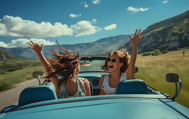 Foto due ragazze in una macchina con le mani in alto che guidano in estate