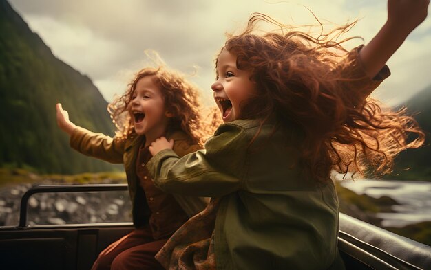 Two girls in a car with their hands up driving at summer