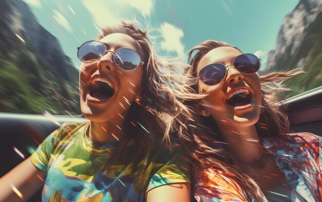 Two girls in a car with their hands up driving at summer