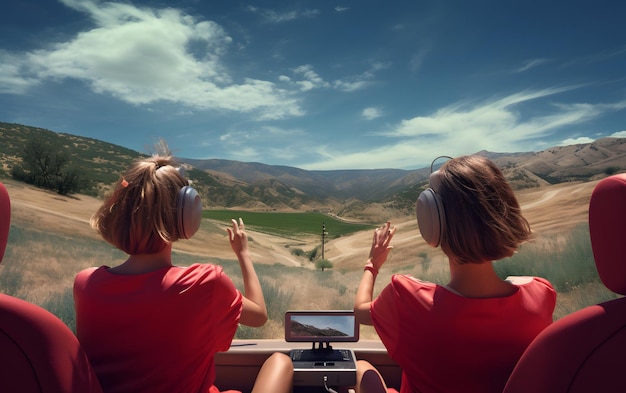 Photo two girls in a car with their hands up driving at summer