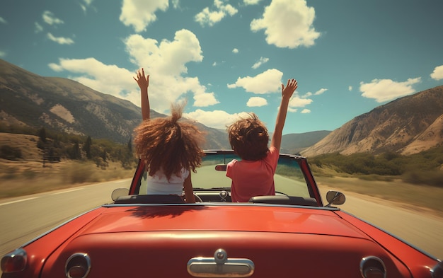 Two girls in a car with their hands up driving at summer