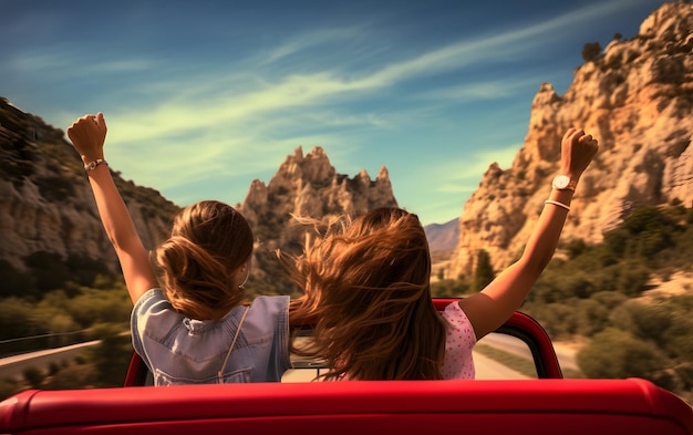 Две девушки в машине с поднятыми руками едут летом