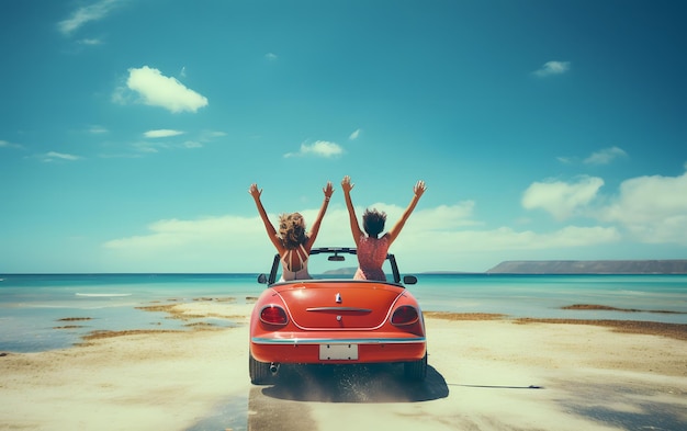 Две девушки в машине с поднятыми руками едут летом