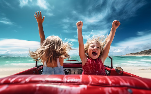 Two girls in a car with their hands up driving at summer